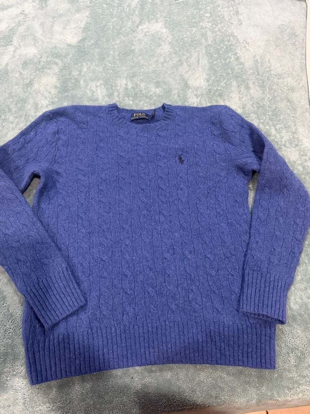Polo Ralph Lauren Blue Cable-Knit Wool Cashmere Blend Crew Neck Sweater Medium